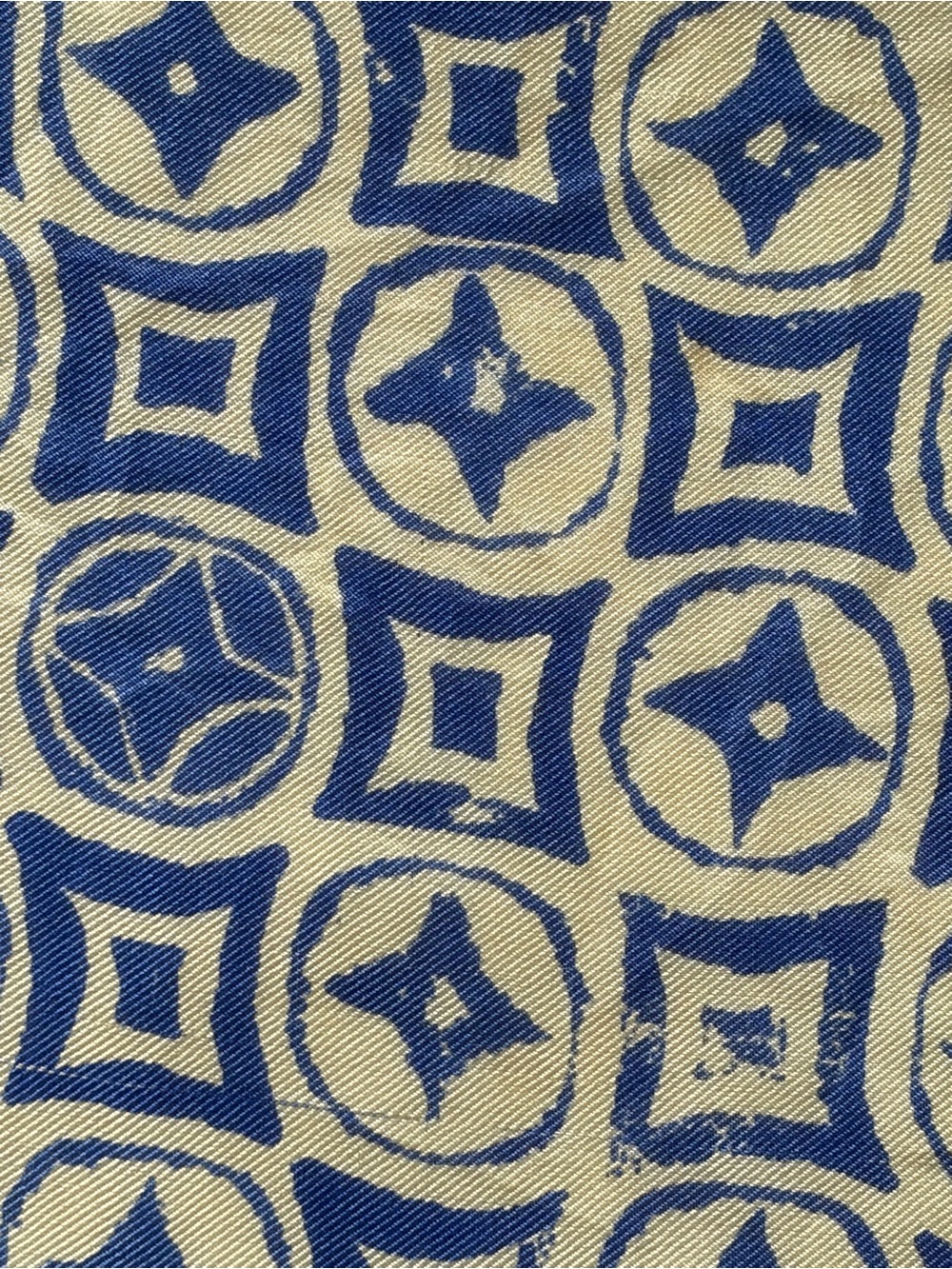 Vintage Block Printed Silk Scarf Blue and Cream Geometric Rolled Edges 22x22” - Picture 6 of 11